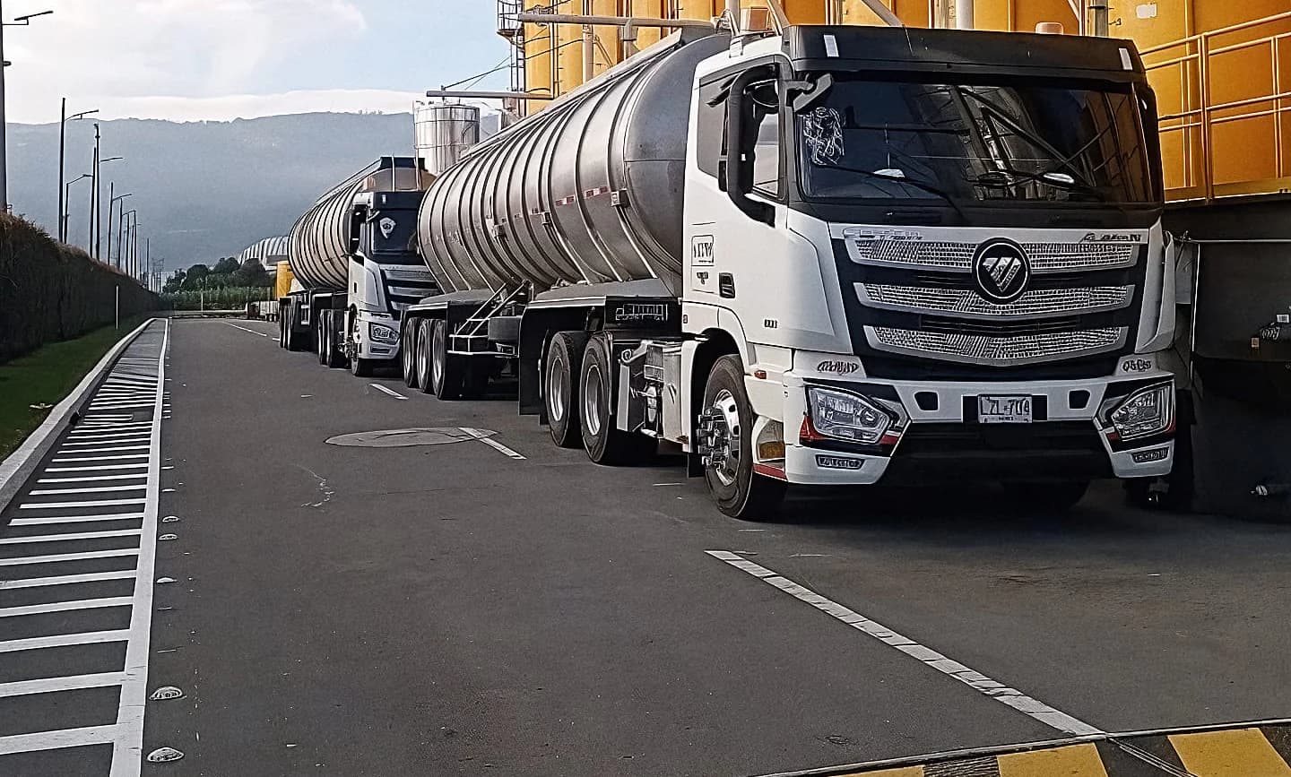 Tractocamiones cisterna de Grupo S&M cargando producto en silos industriales.
